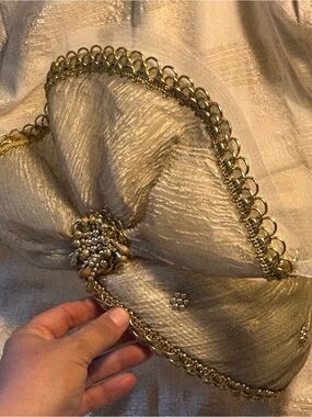 Source Unknown Gold Shimmer Satin Cocktail Hat with Rhinestone Brooch